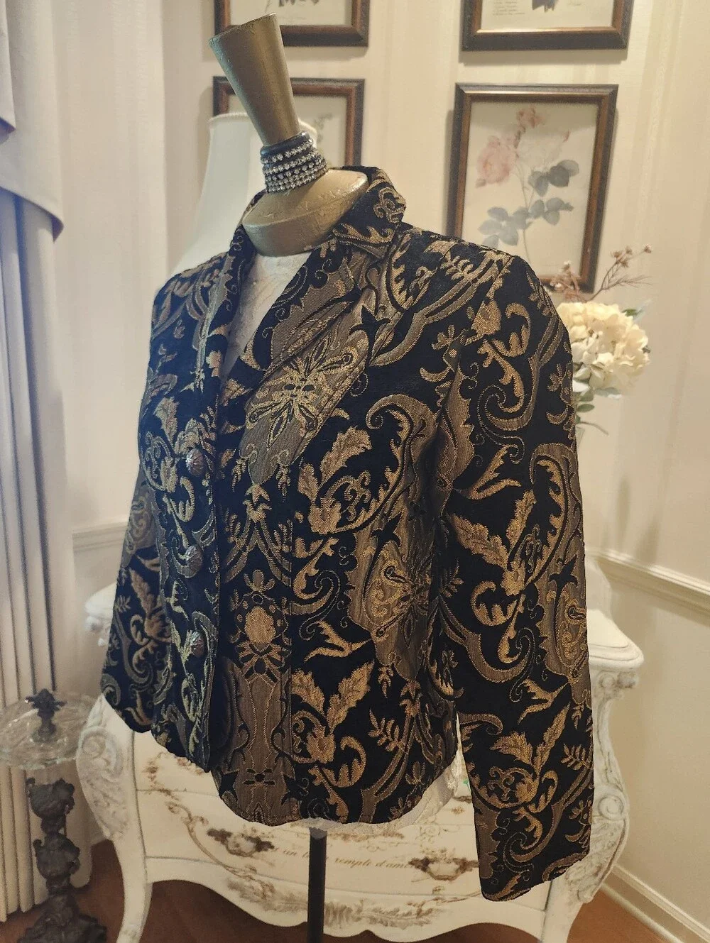Vintage Y2K Gold & Black Brocade Pattern Lush Classy Glamour Jacket PS - Picture 5 of 8